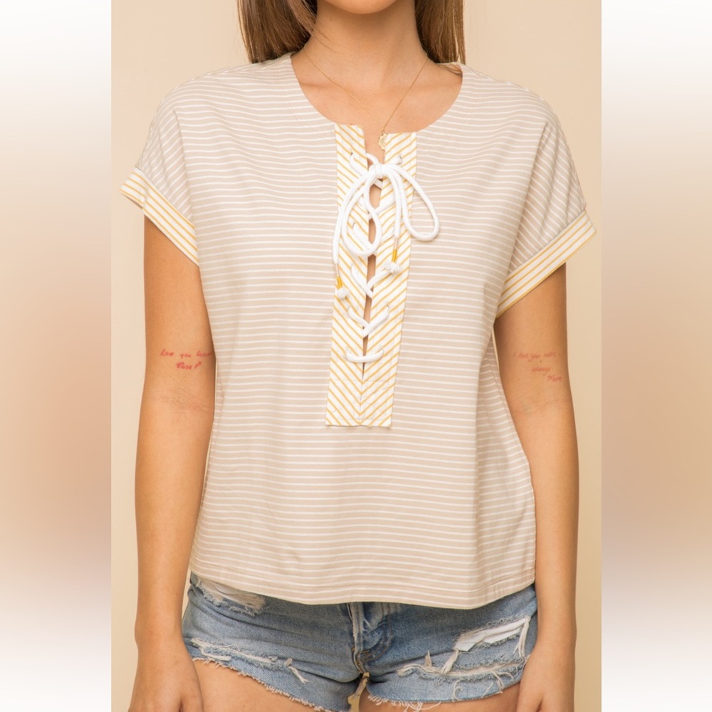 123. Short Set Lace Up Knit Top Pin Stripe Shorts Taupe/Mustard/Ivory - Picture 5 of 8